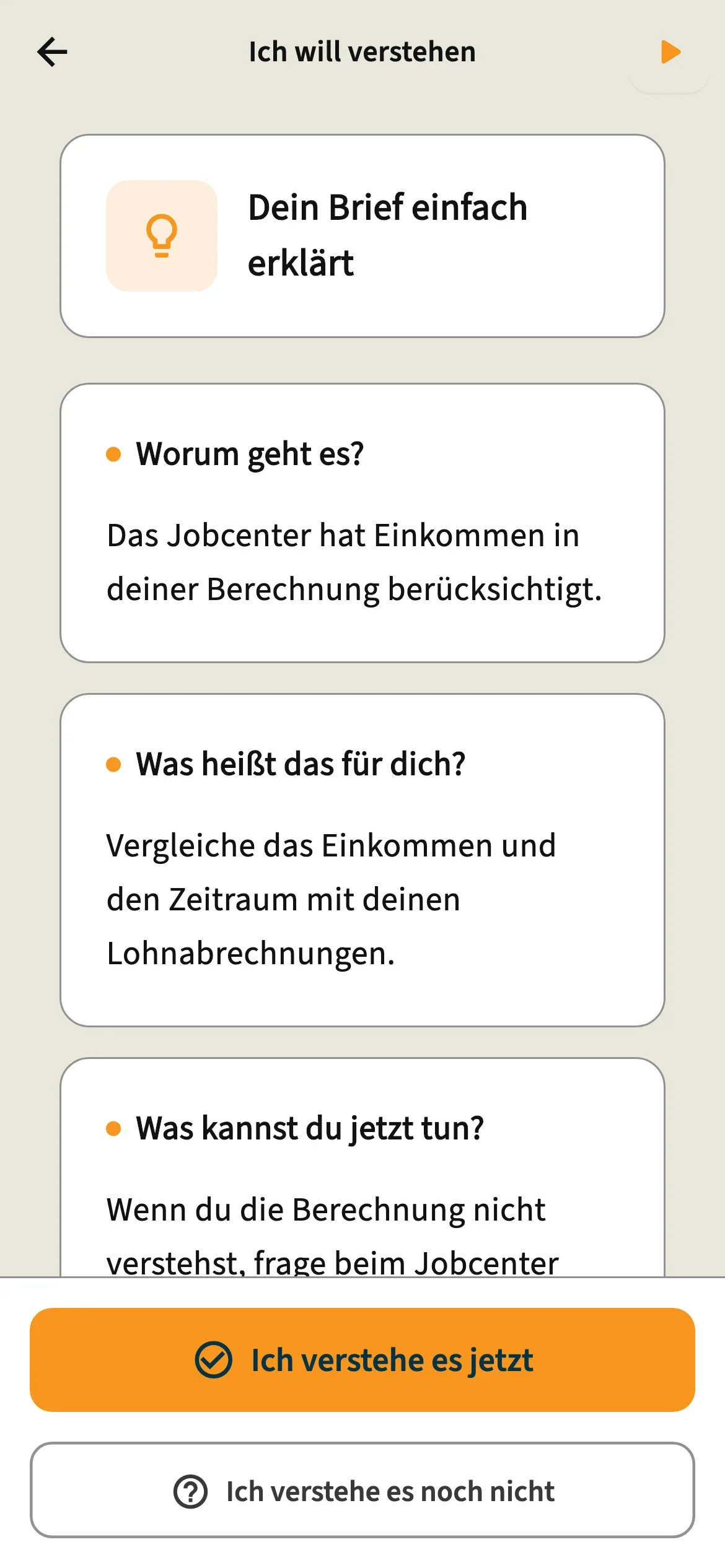 App-Ansicht: Einkommen wurde berücksichtigt. Vergleiche Einkommen und Zeitraum mit deinen Lohnabrechnungen.