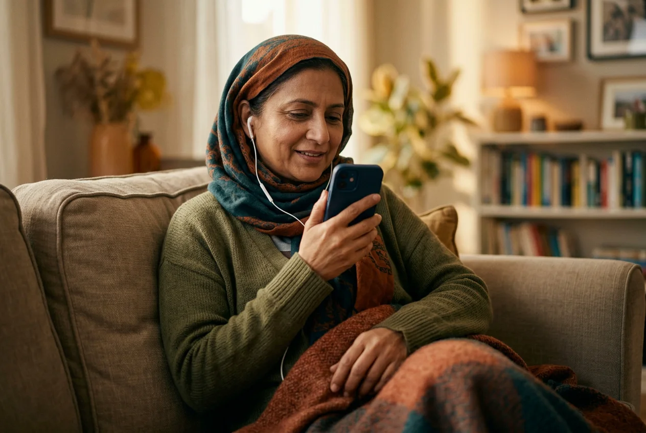 Frau mit Kopftuch hört sich Jobcenter-Brief in ihrer Muttersprache an – Übersetzen und Vorlesen mit KI