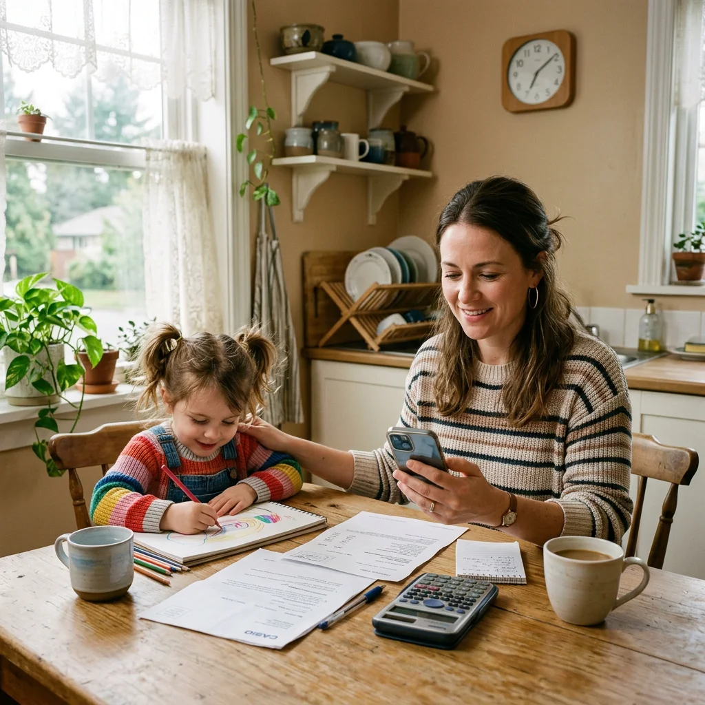 Grundsicherung Widerspruch: Mutter mit Kind prüft Bescheid per KI-App am Küchentisch