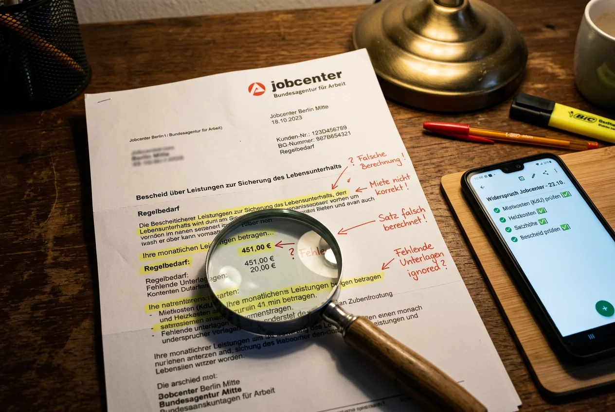 Fehler im Grundsicherungs-Bescheid: Markierte Berechnungsfehler mit Lupe und KI-Checkliste auf dem Smartphone