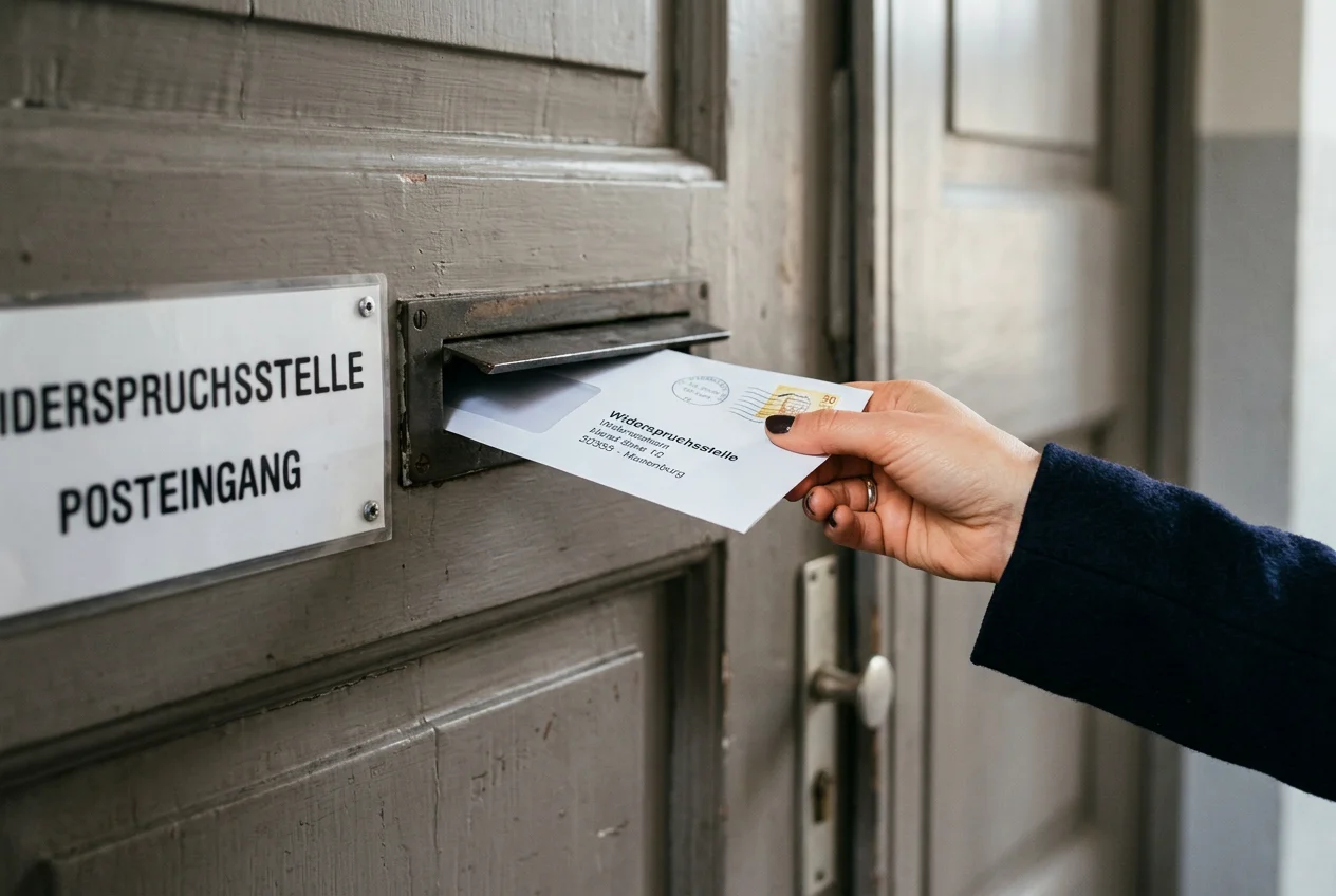 Widerspruch beim Jobcenter einwerfen: Brief in den Briefkasten der Widerspruchsstelle