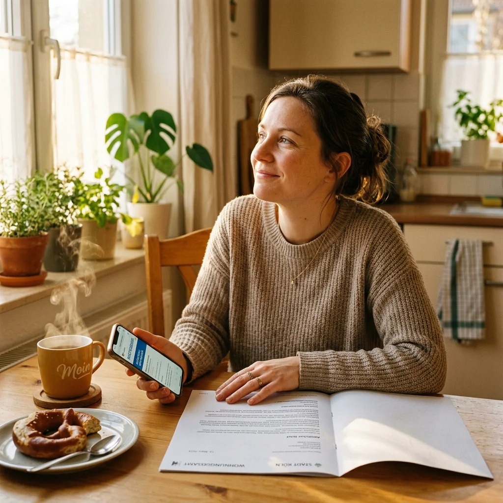 Erleichterung nach Bescheid-Prüfung: Frau am Küchentisch mit Smartphone und Jobcenter-Brief – endlich Klarheit
