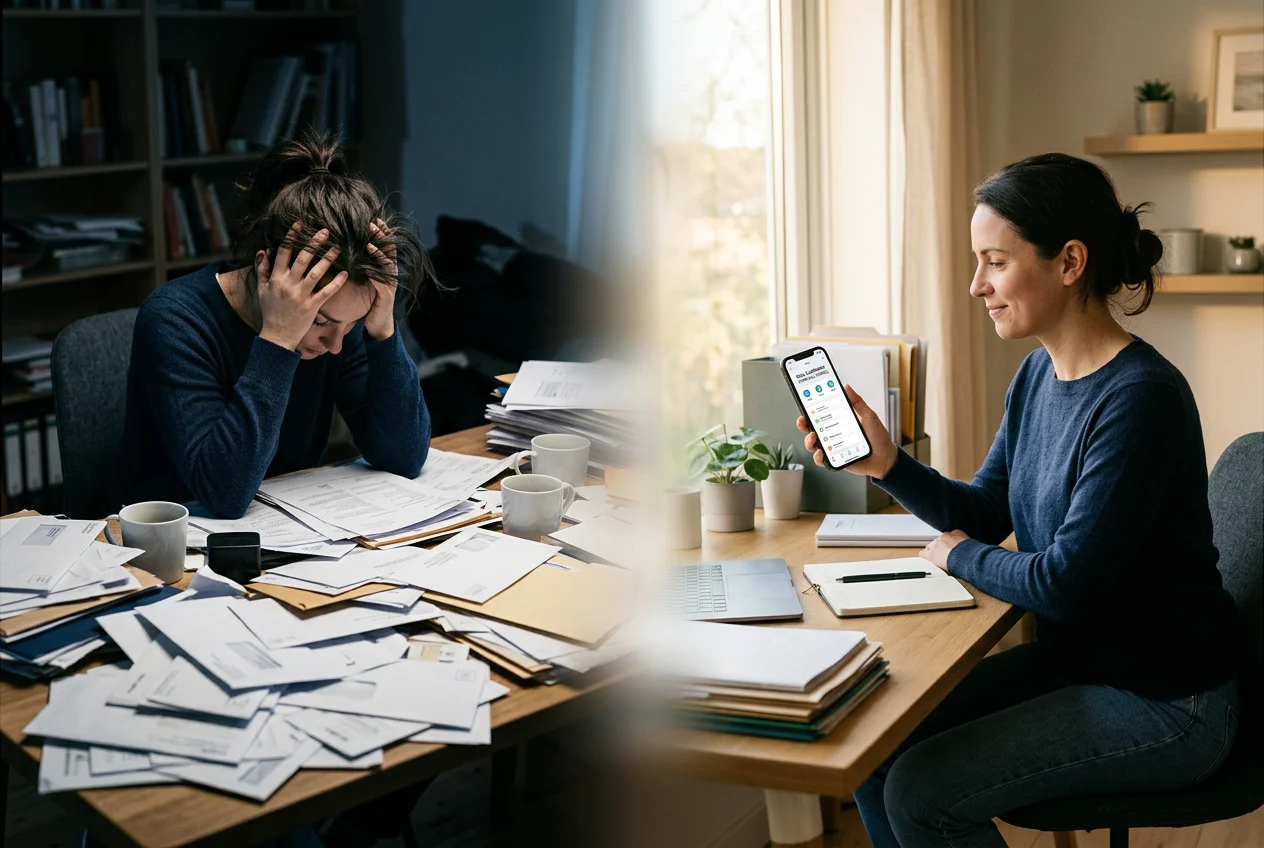 Vorher und Nachher: Überforderung durch Jobcenter-Briefe vs. Klarheit und Kontrolle mit KI-App