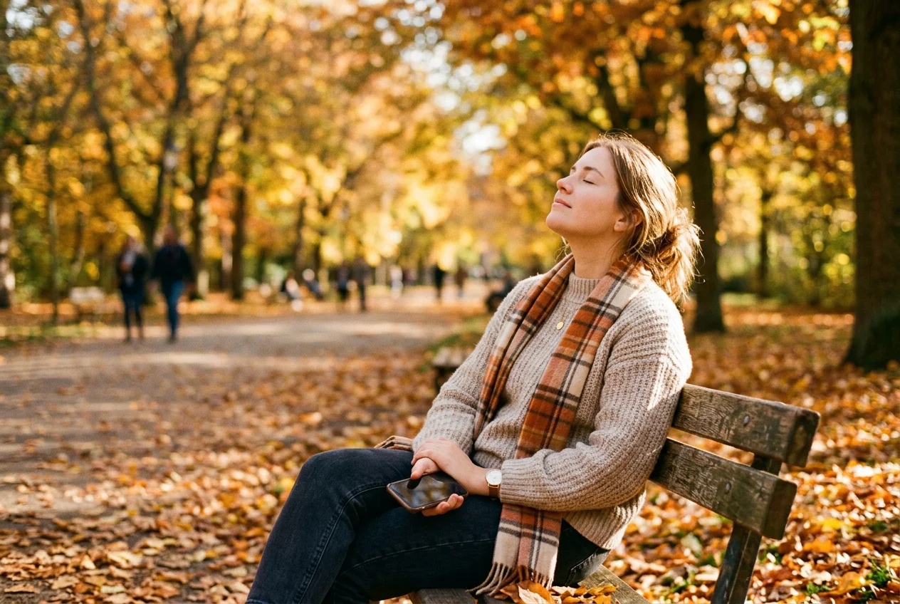 Mentale Entlastung: Frau genießt entspannt die Herbstsonne auf einer Parkbank – Stress abgebaut dank KI-Hilfe