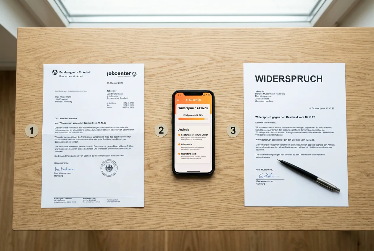 Widerspruch Jobcenter in 3 Schritten: Bescheid, KI-Analyse auf dem Smartphone und fertiger Widerspruchstext
