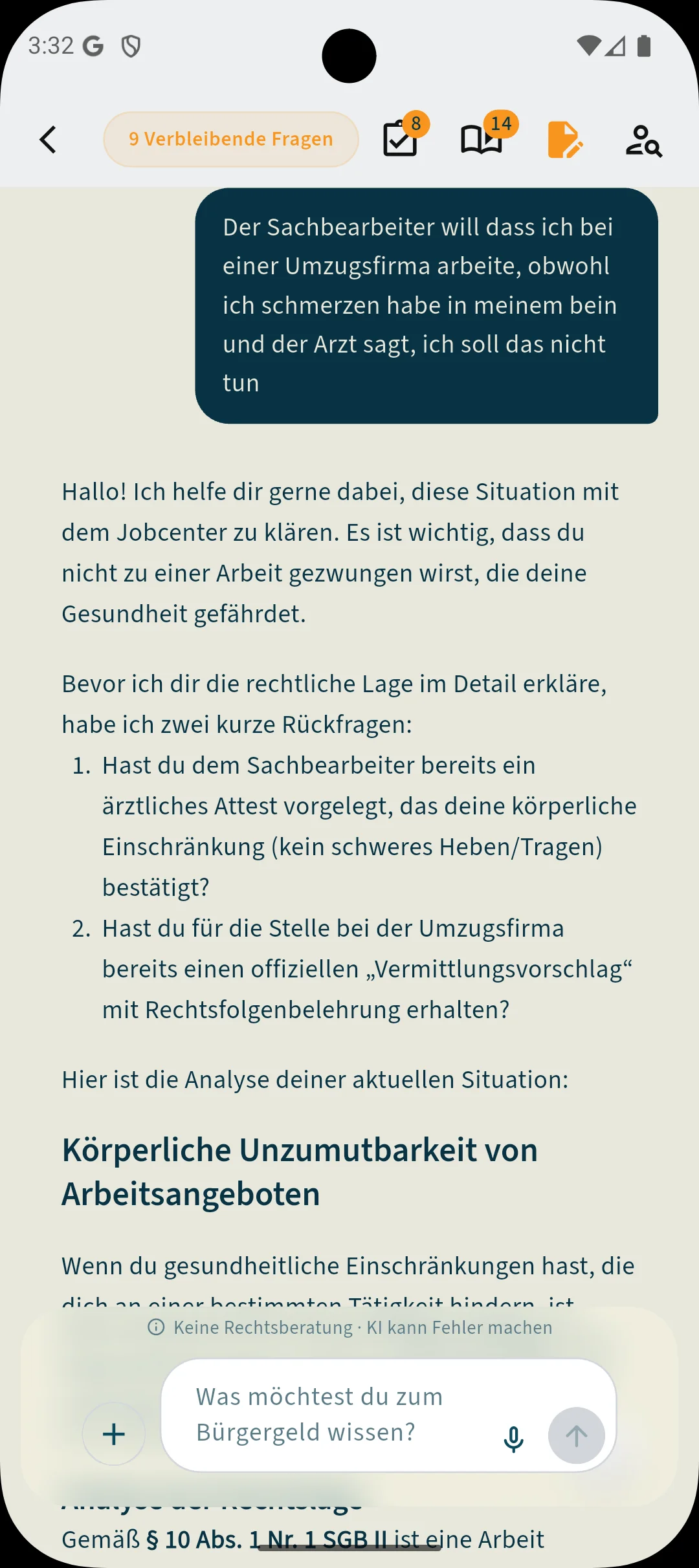 KI-Rechts-Chat: Sachbearbeiter will Arbeit bei Umzugsfirma trotz Schmerzen – KI prüft Zumutbarkeit und erklärt Rechte