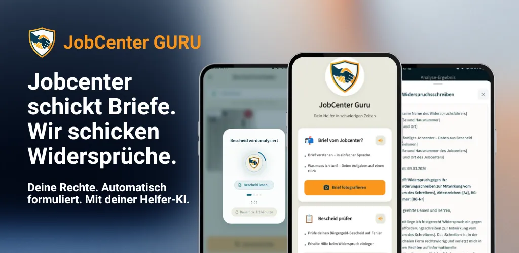 JobCenter Guru App: Jobcenter Widerspruch schreiben mit KI – Bescheid scannen und Widerspruch erstellen