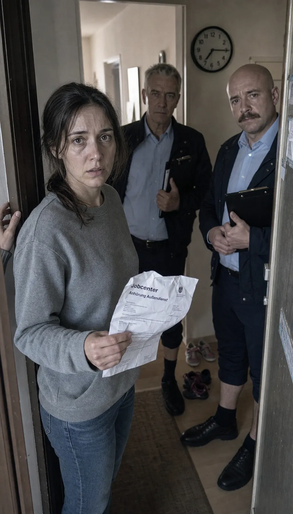 Zwei Jobcenter-Mitarbeiter vom Außendienst stehen im Flur einer Wohnung, eine besorgte Frau an der Tür hält einen Brief mit der Aufschrift Jobcenter Anhörung Außendienst