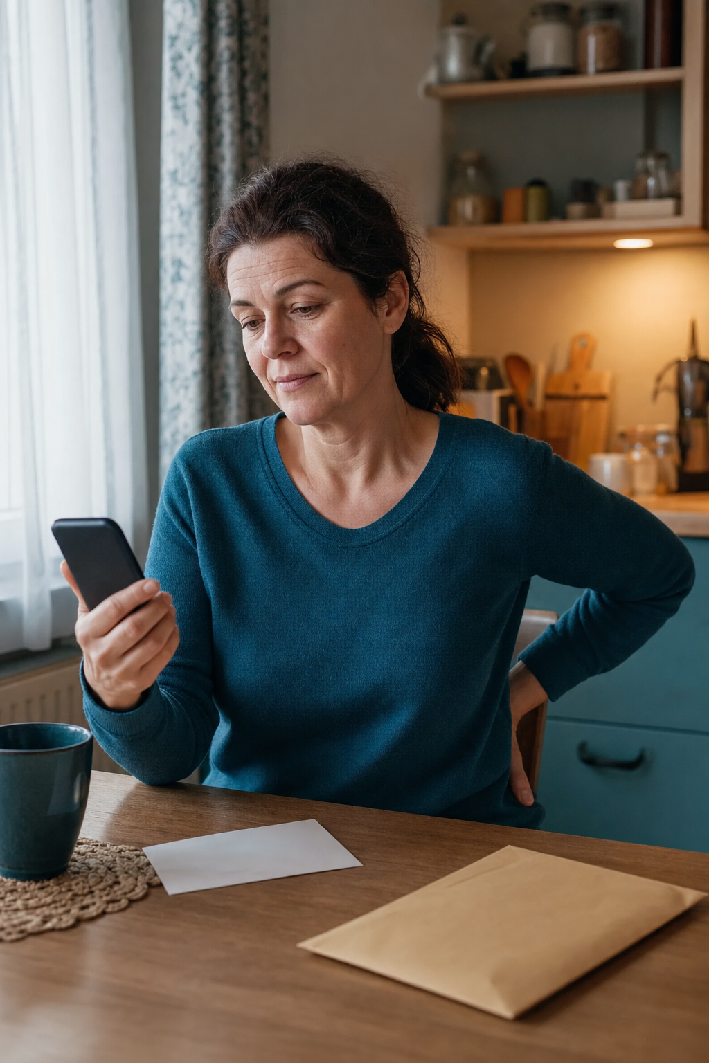 Frau mit Rückenschmerzen gewinnt durch eine verständliche KI-Erklärung auf dem Smartphone mehr Klarheit über eine verlangte Arbeit