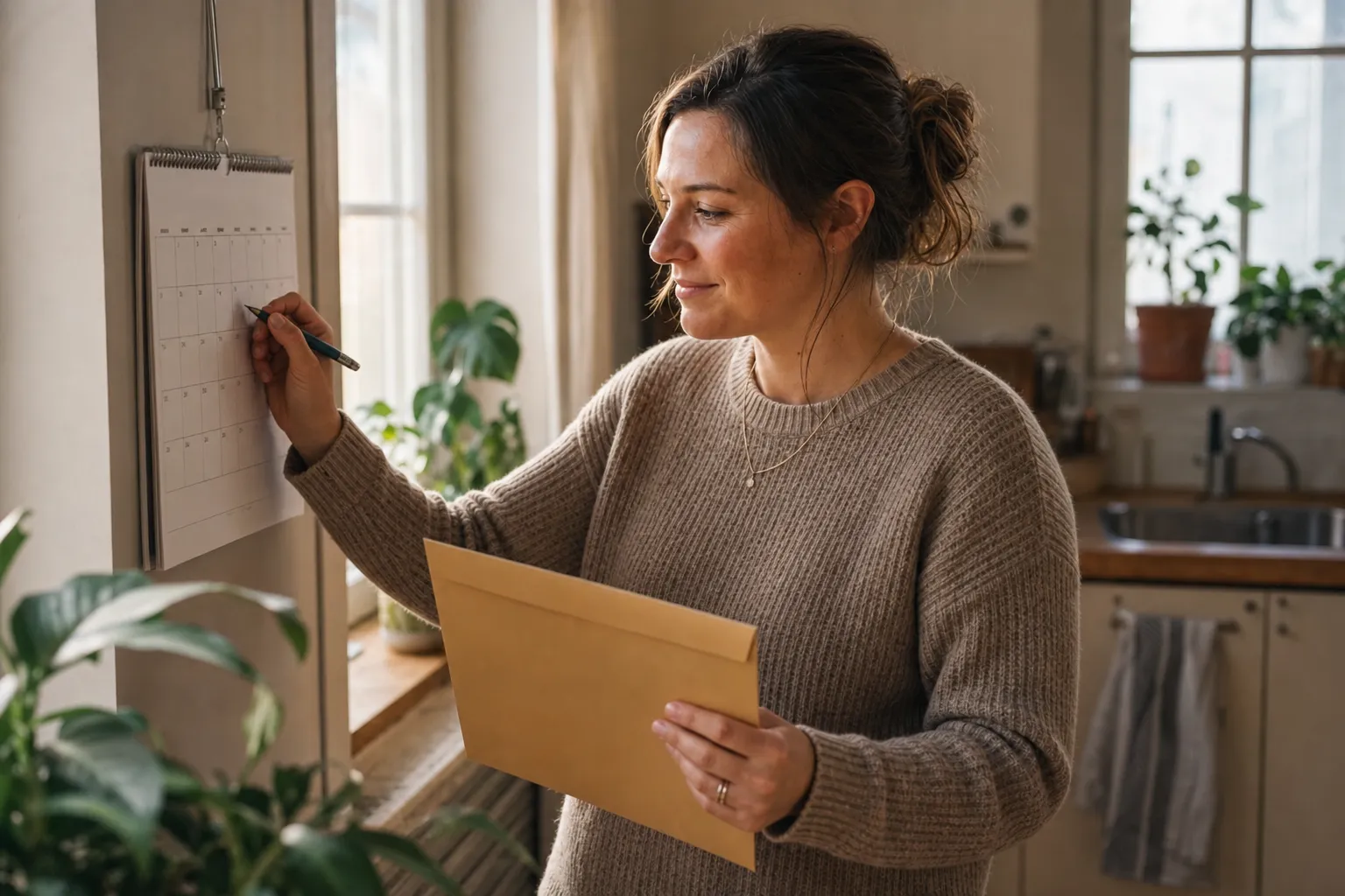 Frau markiert an einem Wandkalender ein Datum, in der anderen Hand ein brauner Behördenumschlag