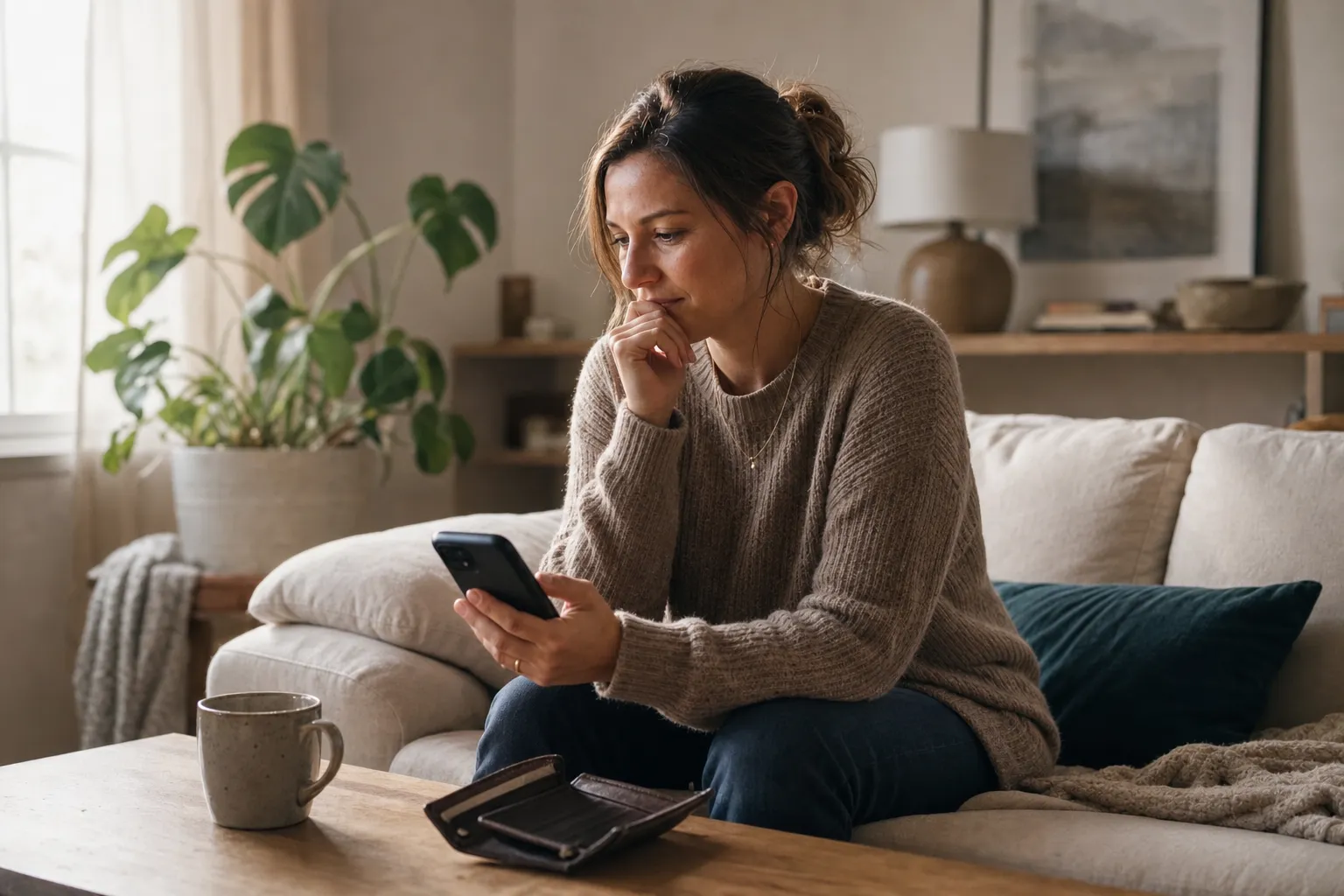 Frau sitzt auf dem Sofa und schaut in die Banking-App auf ihrem Handy, ein leeres Portemonnaie liegt auf dem Tisch