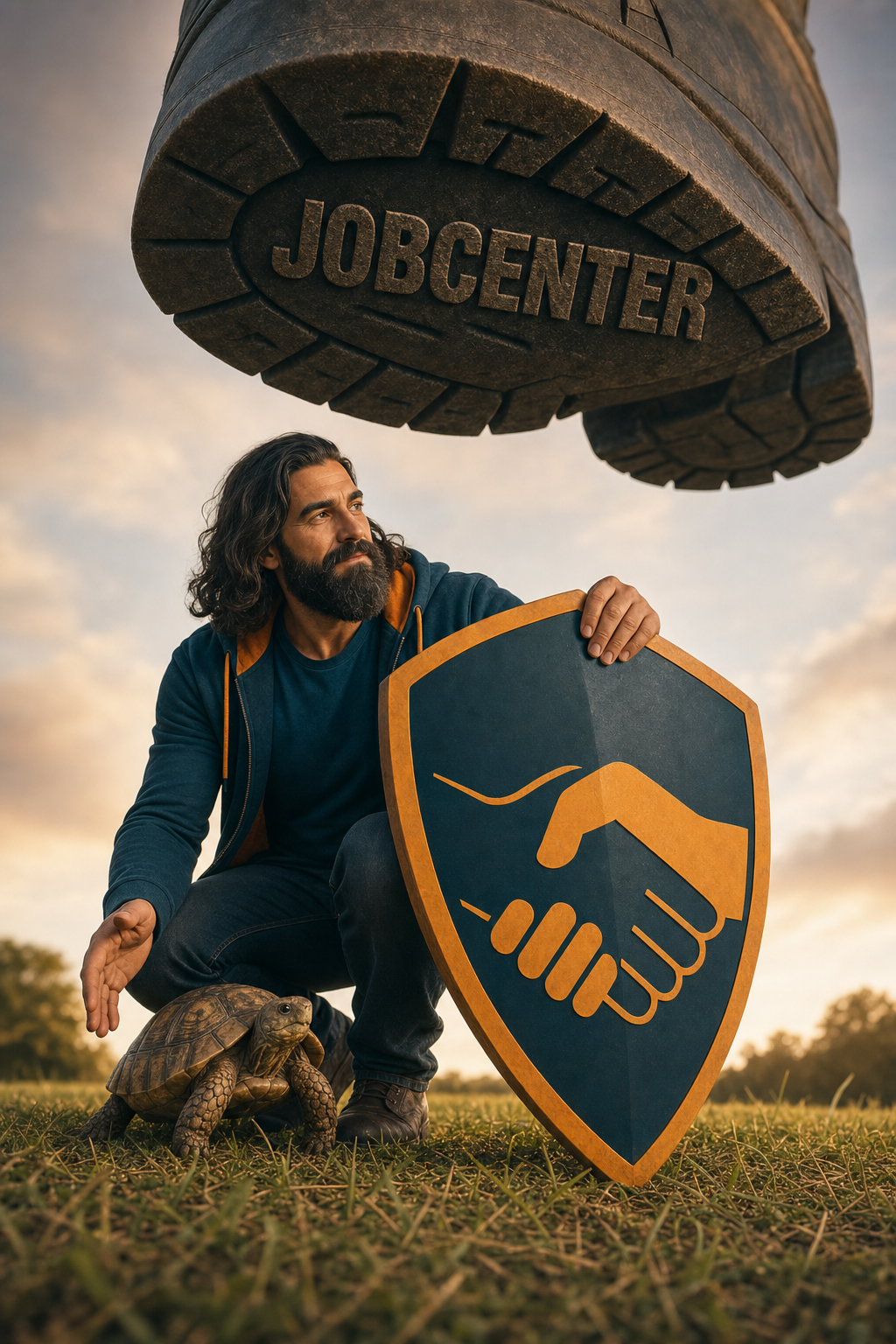 Symbolische Darstellung: Der JobCenter Guru steht einer Schildkröte mit einem Schild schützend zur Seite; ein großer Stiefel steht für belastende Jobcenter-Post
