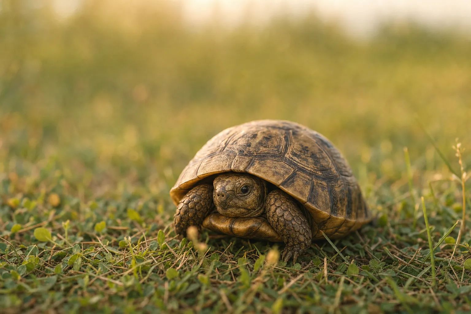 Kleine Schildkröte ruht sicher und entspannt im warmen Gras – Sinnbild für Schutz und Ruhe mit JobCenter Guru