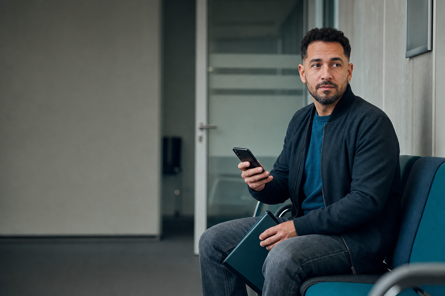 Mann wartet mit geordnetem Ordner und Smartphone ruhig vorbereitet auf seinen Jobcenter-Termin
